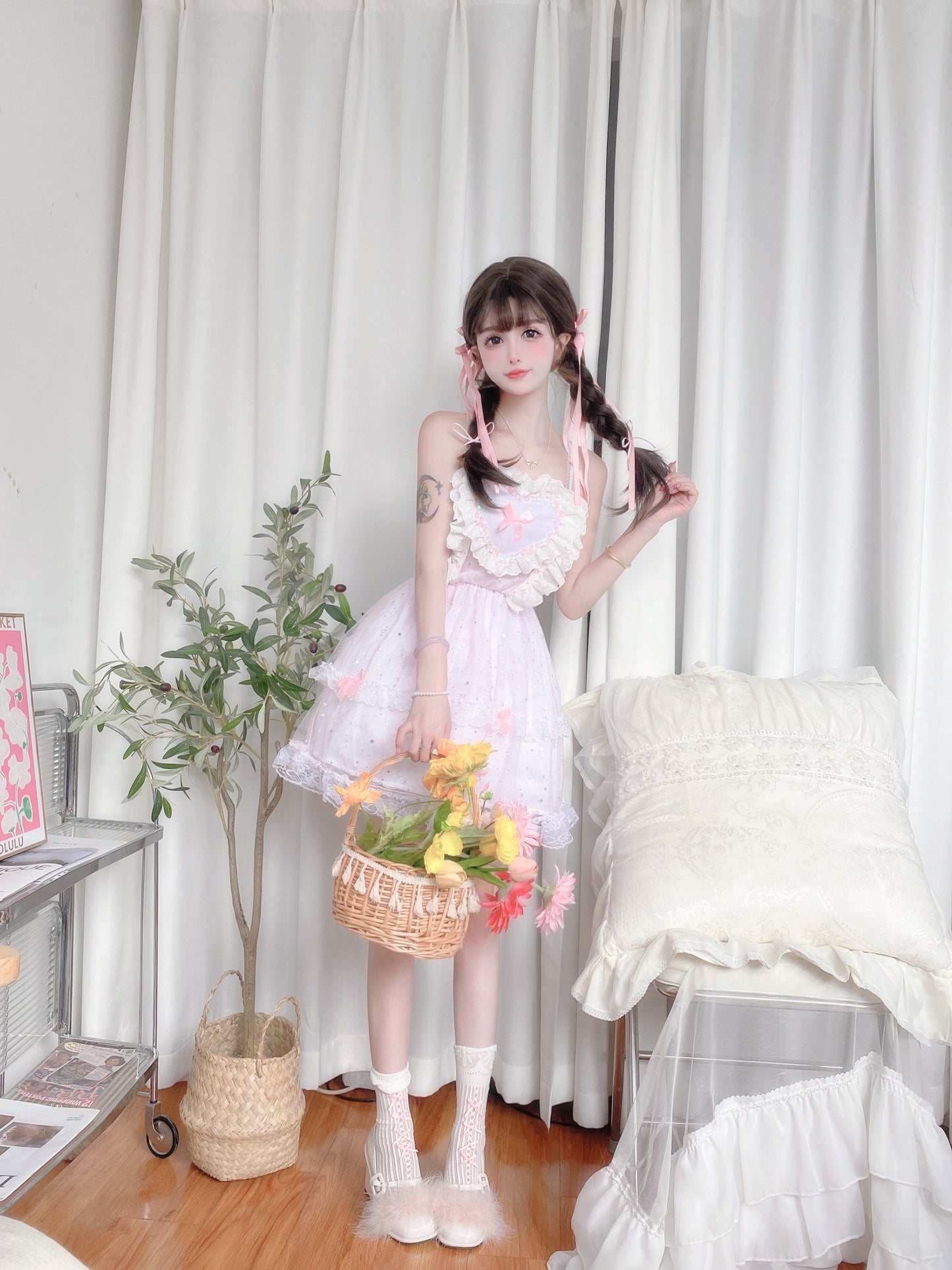 Candy Fairy Coquette Sweet Girl Heart Pink Strap Ruffled Dress