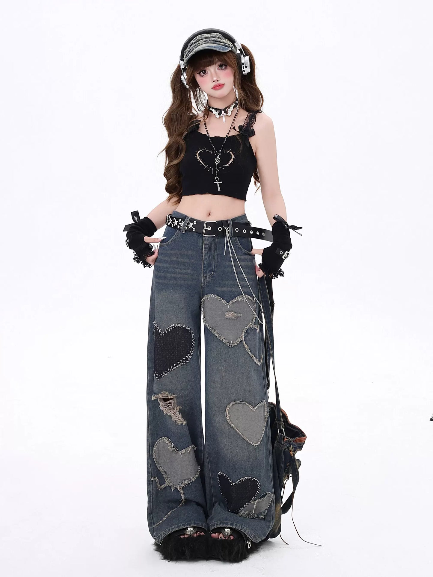 Crazy Girl Heart Patchwork Wide Leg Denim Jeans