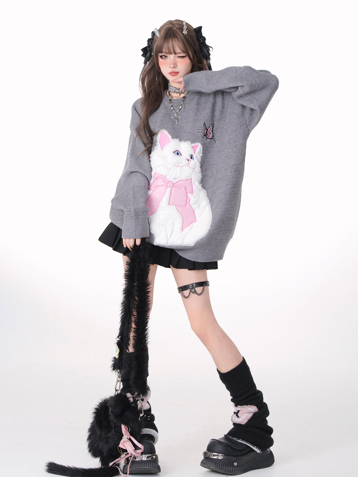 Young Eyes Cat With Bow Print Pullover Knitted Embroidery Oversize Sweater