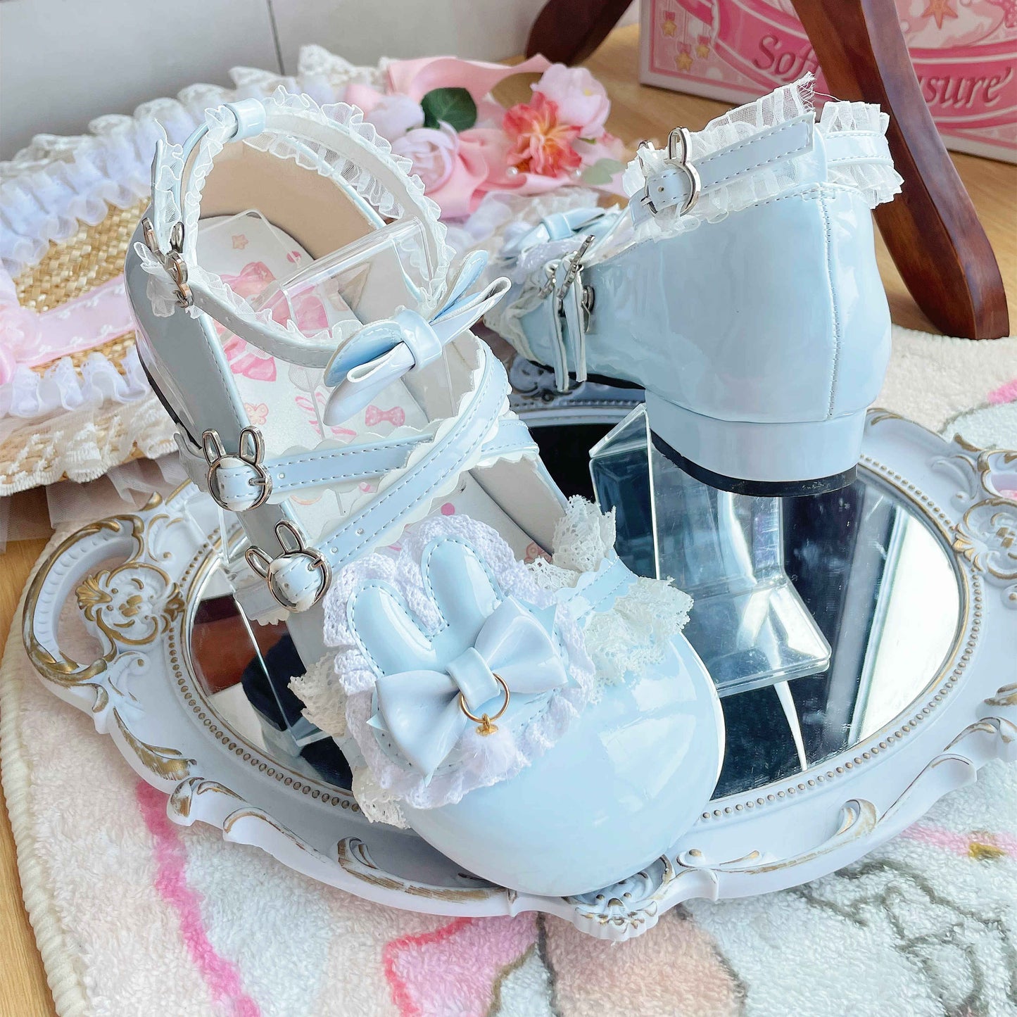 Soft Teasure Rabbit Lace Pink Blue Cream Black Mary Jane Shoes