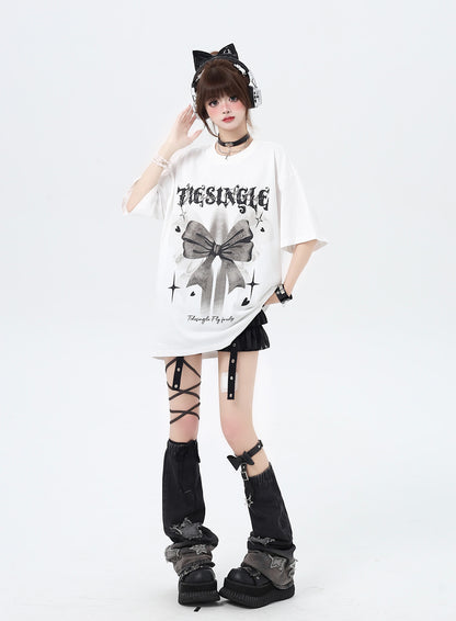 Crazy Girl Tiesingle Bow Black White Oversize T-shirt