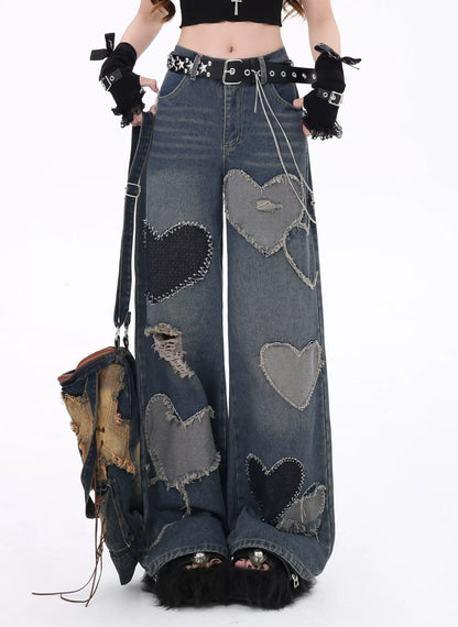 Crazy Girl Heart Patchwork Wide Leg Denim Jeans