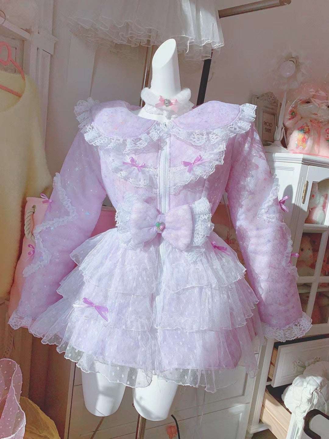 Candy Fairy Pink Blue Purple Lace Sailor Collar Ruffle Winter Padded Puffer Jacket Coat Dress