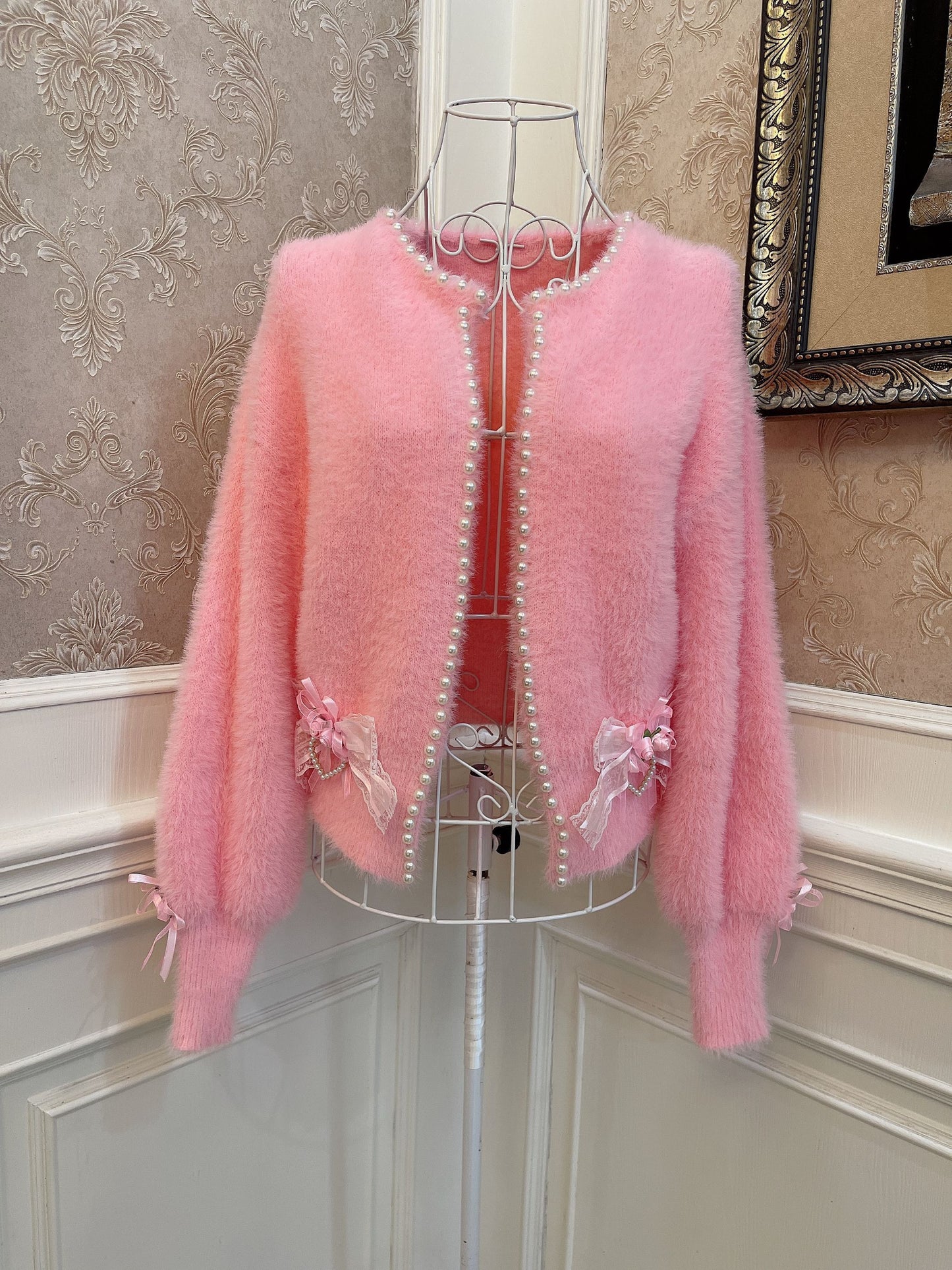 Sweetheart Princess Mohair Plush Pink Rose Lace Knit Sweater Cardigan