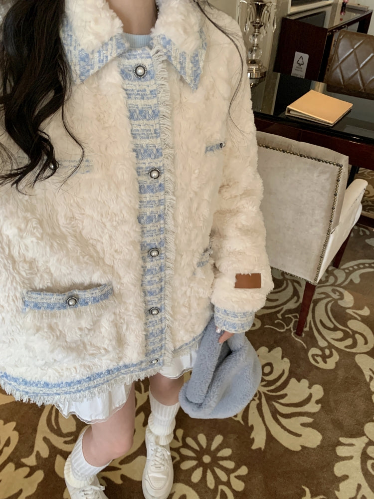 Winter Luxury Elegant Chic Plush White Blue Quilted Jacket