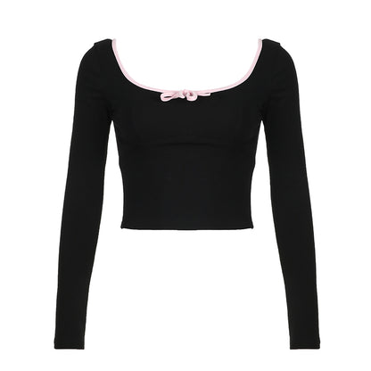 Coquette Girl Sweet Bow Slim Fit Black White Long Sleeve Shirt