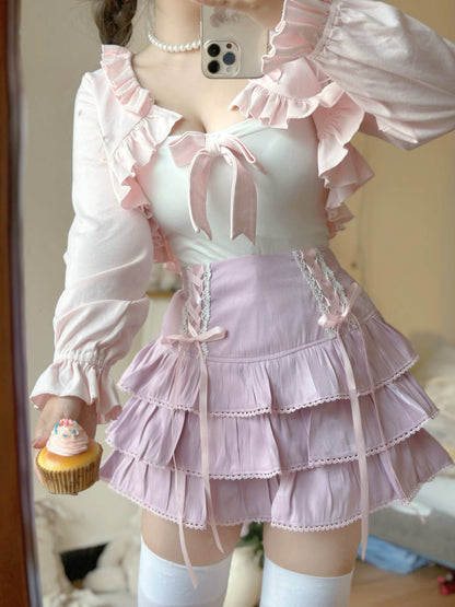 Sweet Colorful Pastel Doll Ruffled Bow Cake Layered Mini Skirt