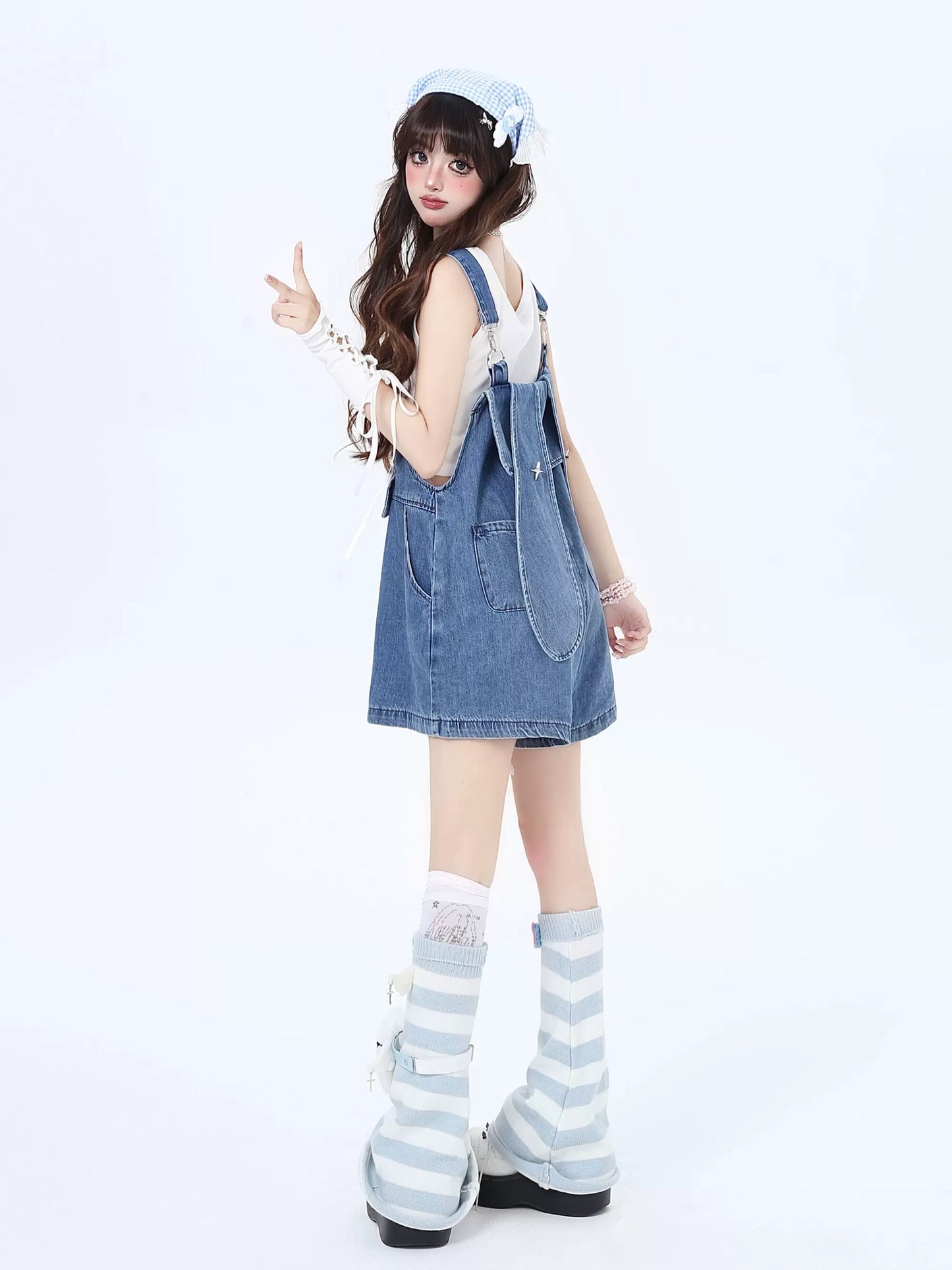 Crazy Girl Island Girl Denim Rabbit Ears Suspender Skirt