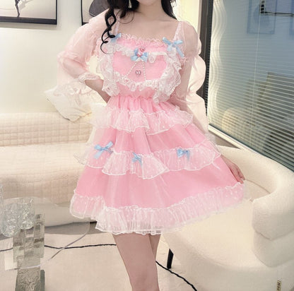 Candy Fairy Coquette Sweet Pink Bow Party Long Sleeve Ruffled Dress