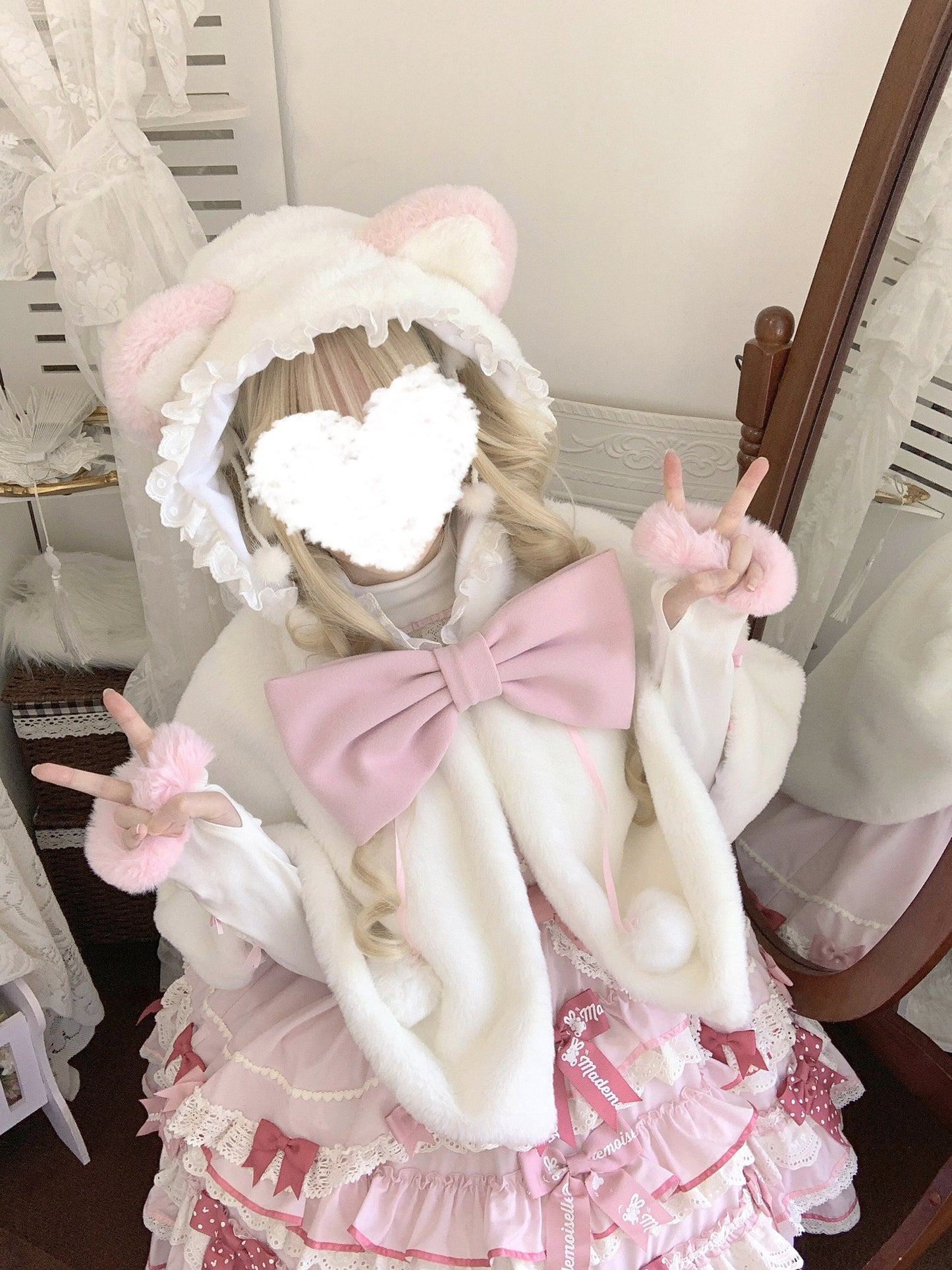 Lolita Meow Meow Car Ears White Plush Jacket Cape