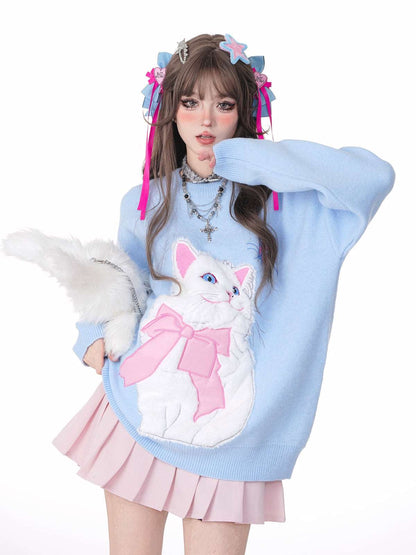 Cat With Bow Print Pullover Knitted Embroidery Oversize Sweater