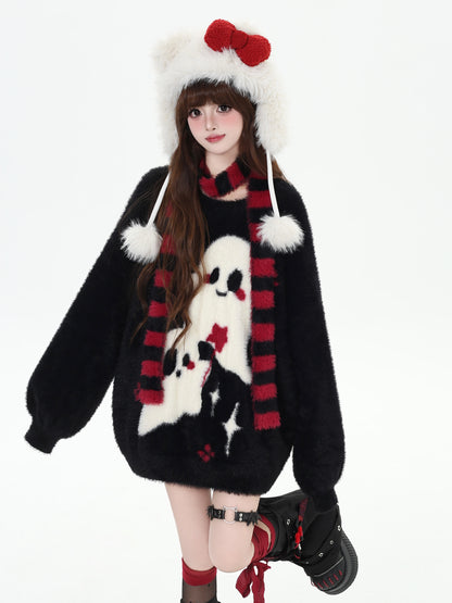 Crazy Girl Ghost Paradise Black Pink Red Striped Fuzzy Sweater Scarf