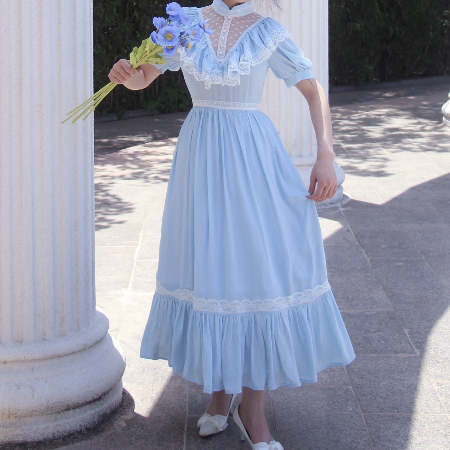 Vintage Glow Lace Satin Retro Classic Princess Sky Aqua Blue Puff Sleeve Dress