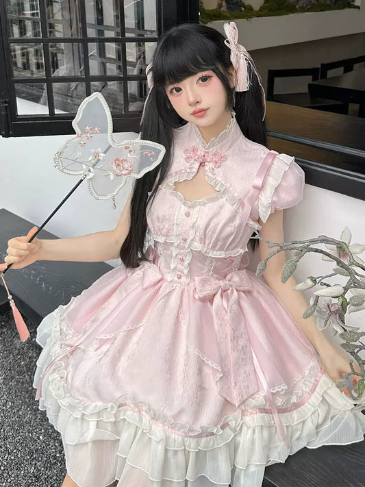 Serendipity Flower Note Hanfu Lolita Pink Dress & Jacket Two Piece Set