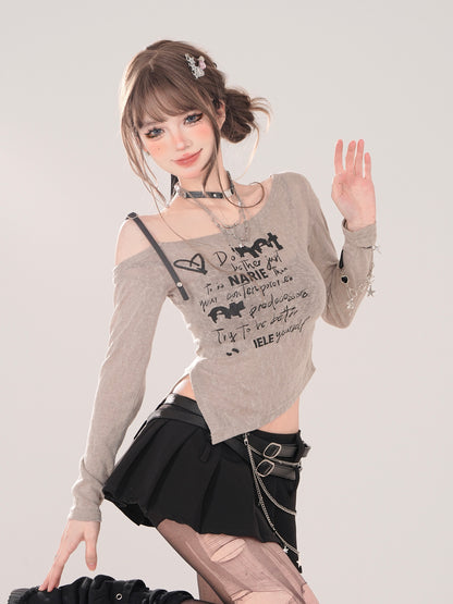 Young Eyes Grunge Typography Black & Gray Slim Fit Off Shoulder Shirt Top