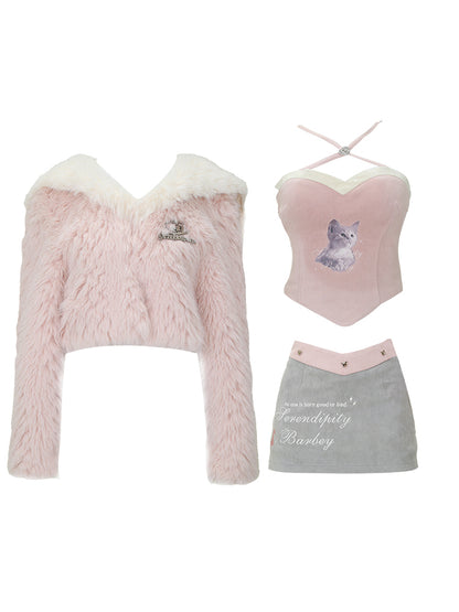 Serendipity Pink Cat Halter Neck Camisole & Gray Mini Skirt & Winter Pink Fur Jacket Three Piece Set