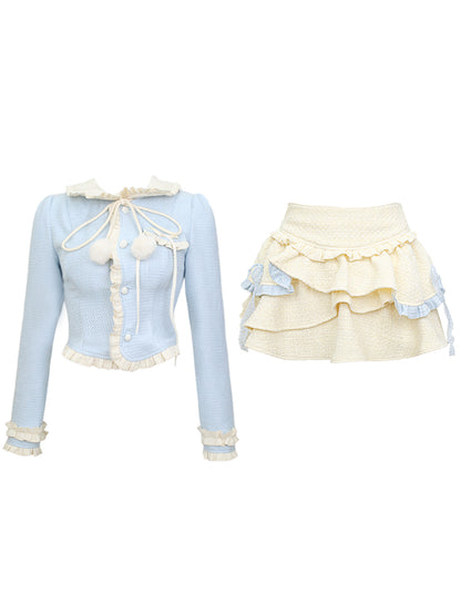 Serendipity Autumn Baby Blue Cream Doll Collar Bow Shirt Top & Ruffled Skirt Two Piece Set