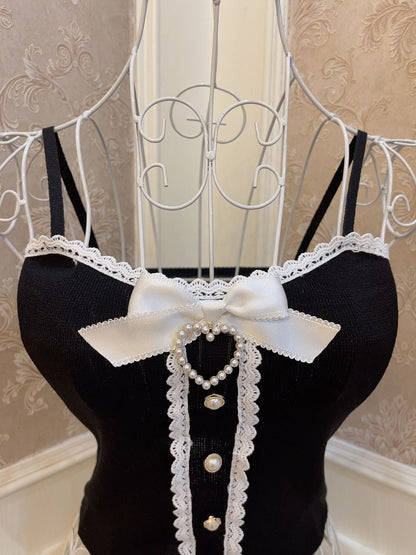 Sweetheart Princess Black White Lace Pearl Slim Fit Camisole Top