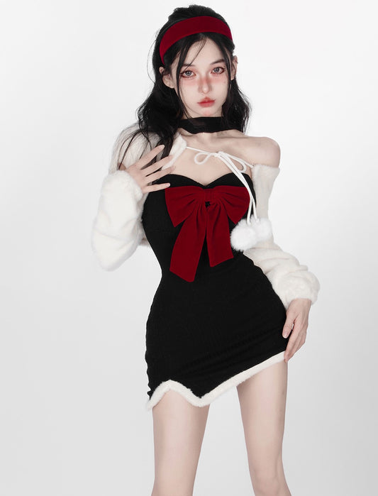 Young Eyes Sexy Black Bondycon Red Bow Black Dress & White Pompom Jacket Winter Two Piece Set