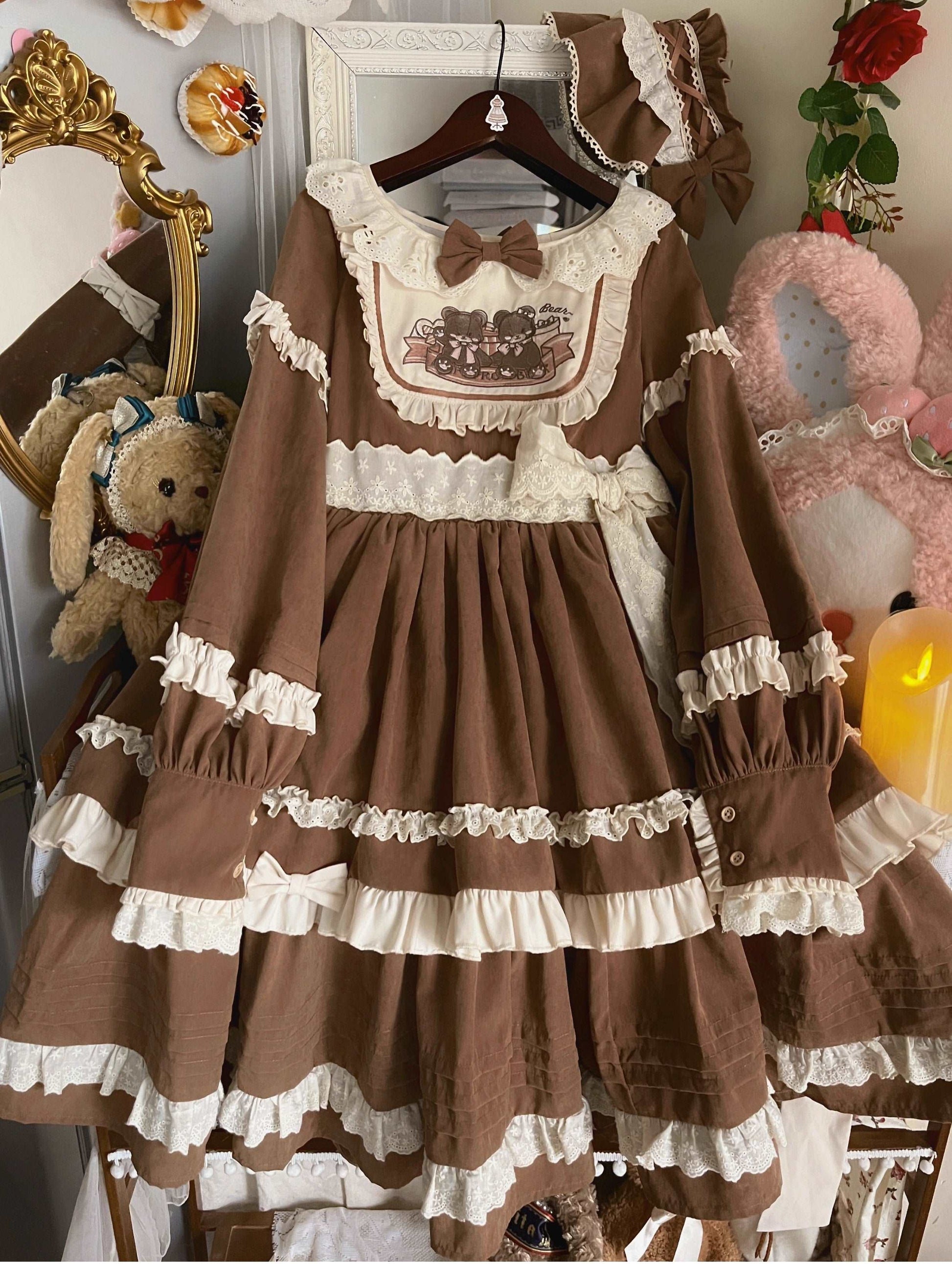 EGL Bear Pink Brown Puff Sleeve Ruffle Cake Dress