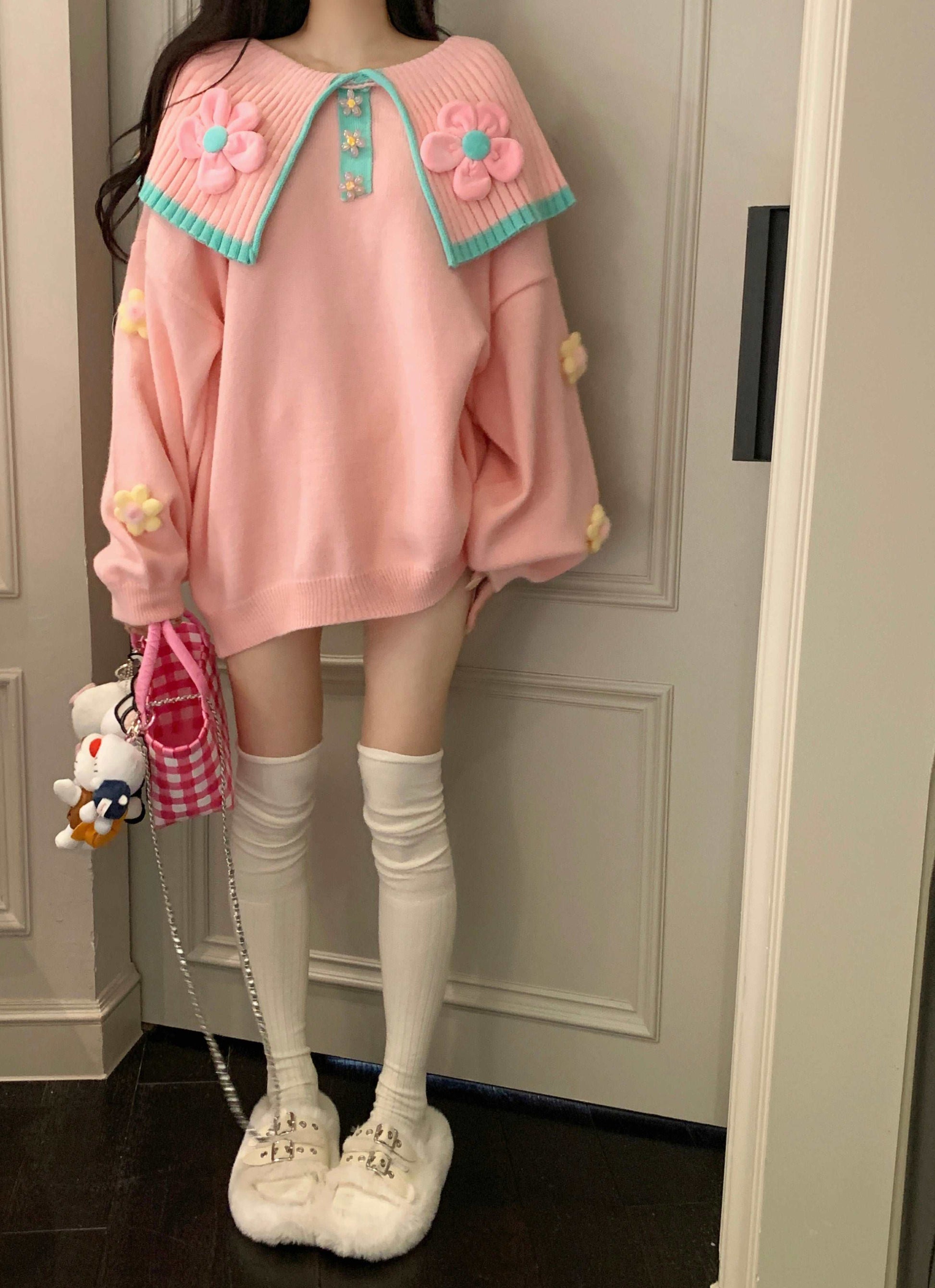 3D Flower Doll Collar Spring Autumn Pink Knit Sweater