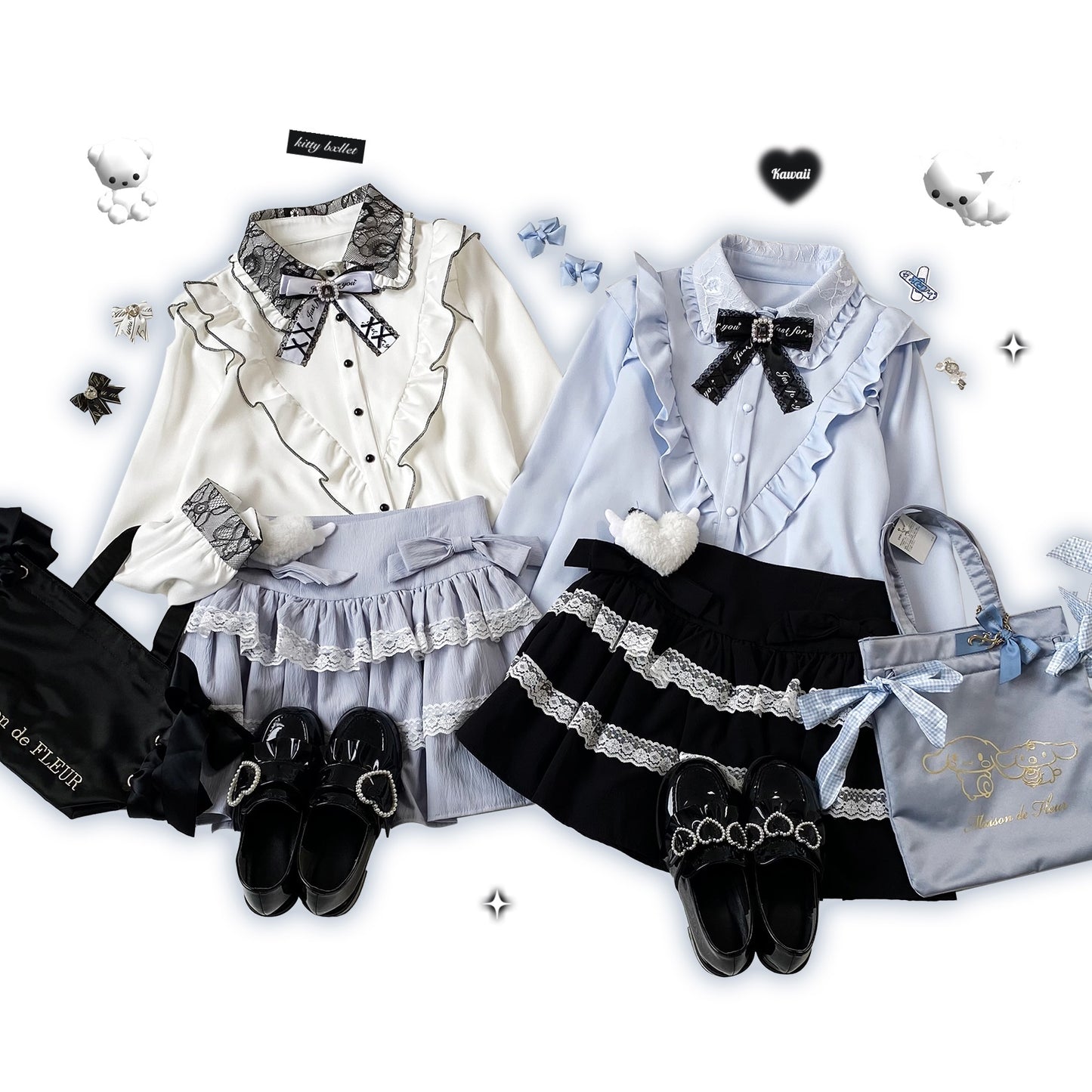 Kitten Bullet Jirai Kei Rose Flower Wall Lace Doll Collar White Blue Pink Shirt Blouse