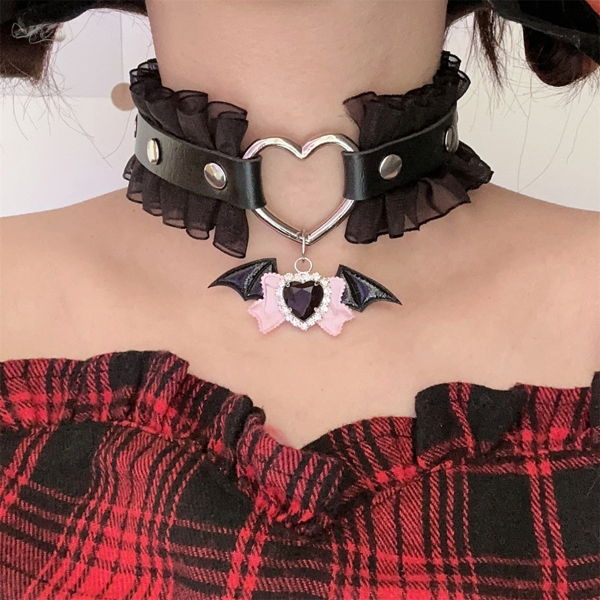 EGL Heart Bow Angel Devil Wings Lace Choker Necklace