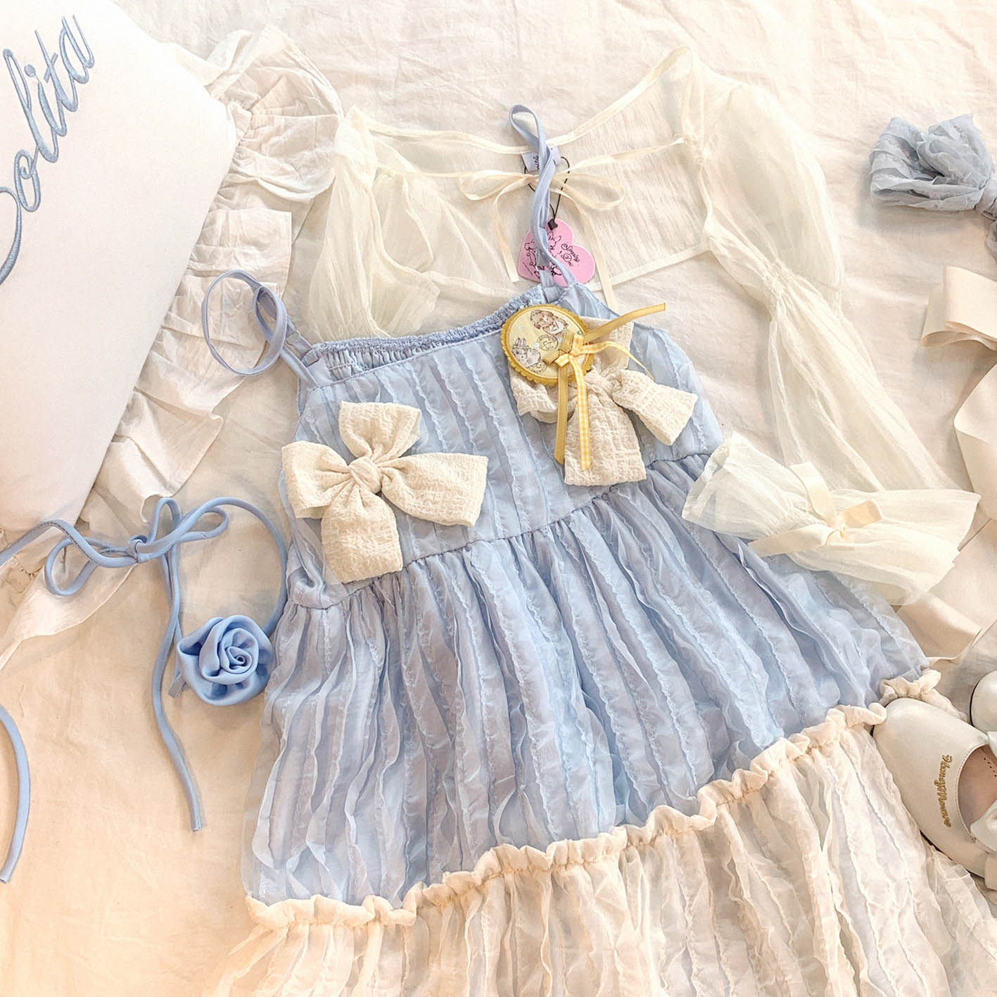 Dormir Doll Cream Bow Chiffon PInk Blue Ruffled Strap Dress