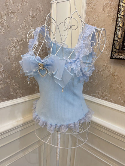 Sweetheart Princess Lace Soft Pink Blue Camisole Top