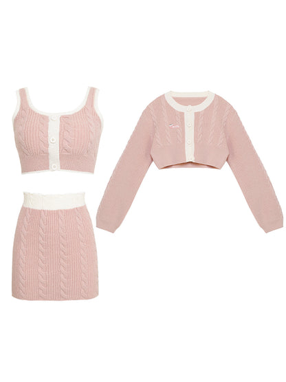 Serendipity Autumn Peach Pink Knit Camisole & Cardigan & Skirt Three Piece Set