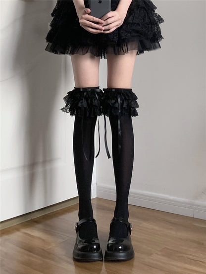 EGL Bow Lace Over Under The Knee Black White Cream Socks