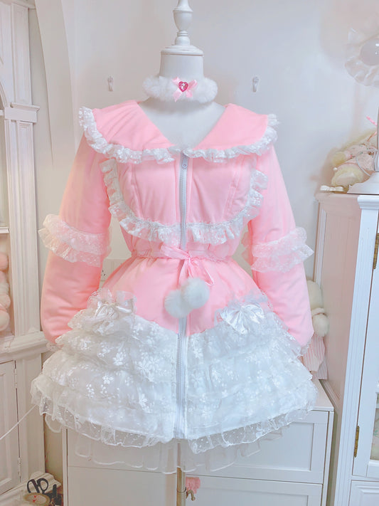 Candy Fairy Sweet Pastel Pink Princess Lace Sailor Collar Winter Padded Puffer Jacket Coat Dress