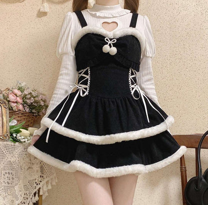 Christmas Love Lolita Winter Plush Strap Ruffled Black Dress & Skirt & Shirt Three Piece Set