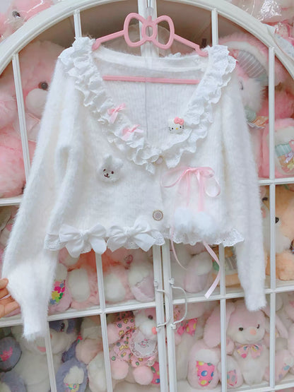 Candy Fairy Milky Kitty Knit White Cardigan & Skirt Two Piece Set