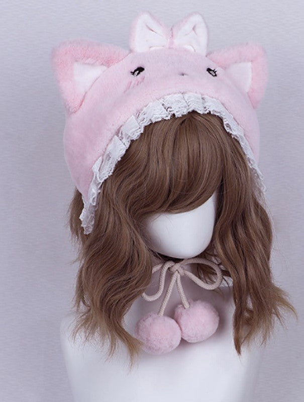 Candy Fairy Winter Cute Lolita Rabbit Cat Bear Ears Plush Lace Handmade Hat