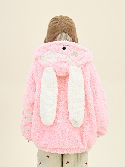 Crazy Girl Patchwork Brown Pink Rabbit Ears Jacket Hoodie