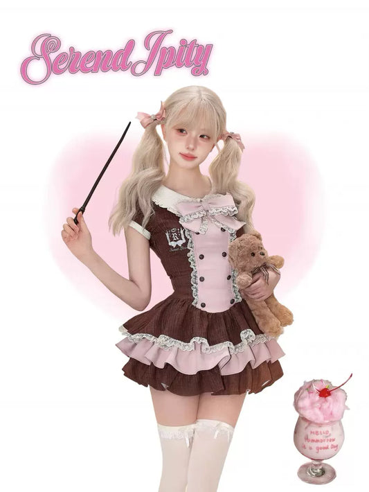 Serendipity Sweet Love Brown Pink Bow Dress