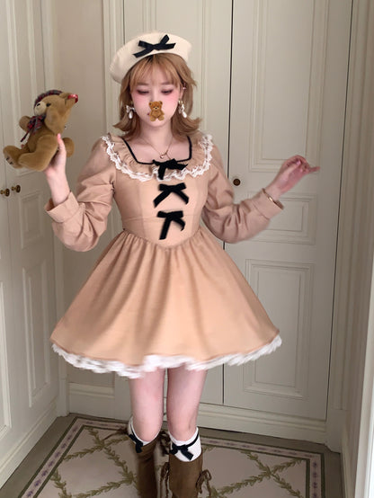 Picnic Girl Fall Brown Beige Fondant Bow Square Collar Long Sleeve Dress