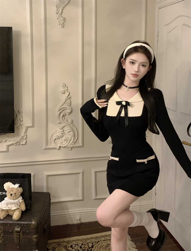 Lady Luxury Chic Autumn Winter Bow Knit Black Dress