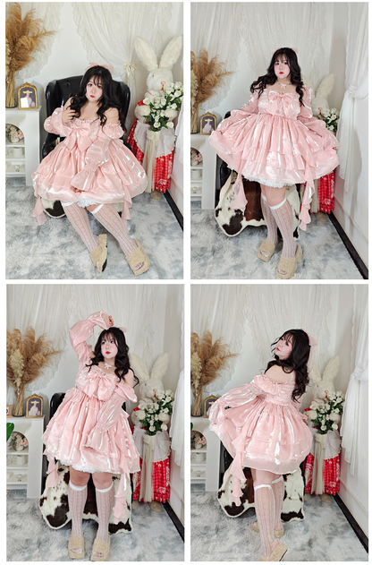 Plus Size Sparkling Jellyfish Princess Pink & Blue Bow Ruffled Dress