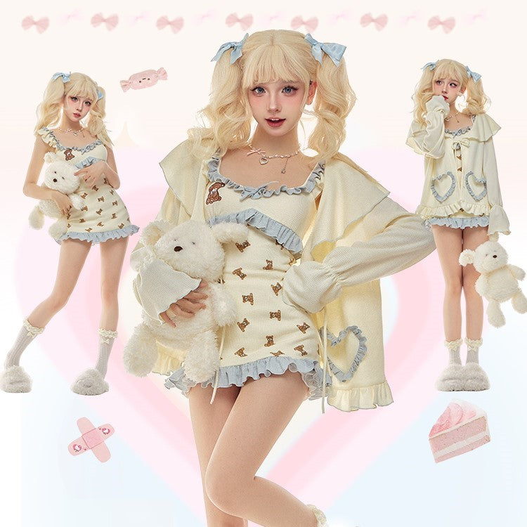 Serendipity Good Night Teddy Bear Cream Blue Strap Dress & Cardigan Pajamas Two Piece Set