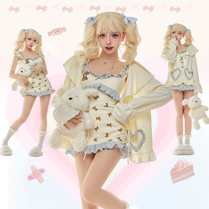 Serendipity Good Night Teddy Bear Cream Blue Strap Dress & Cardigan Pajamas Two Piece Set