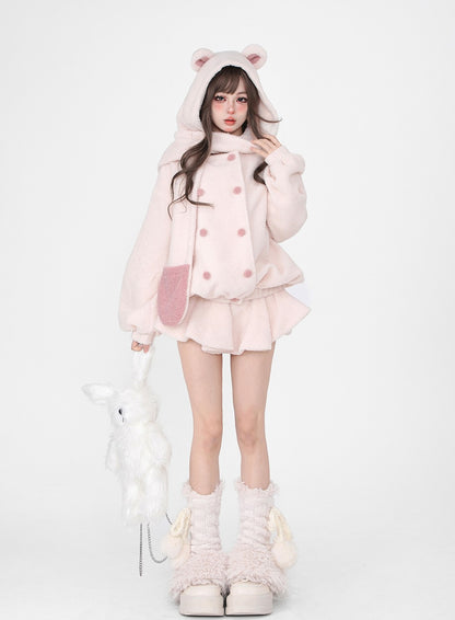 Young Eyes Winter White Soft Pink Plush Fleece Bear Hooded Scarf Jacket & Skirt Two Piece Set