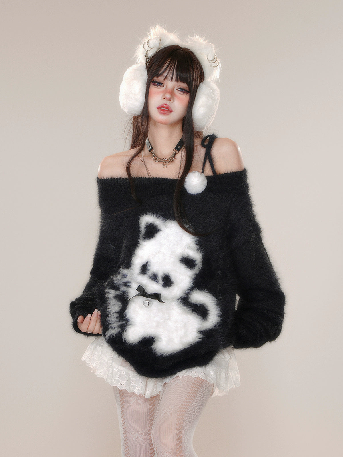 Young Eyes Milky Cat Black Cream Off Shoulder Fuzzy Sweater