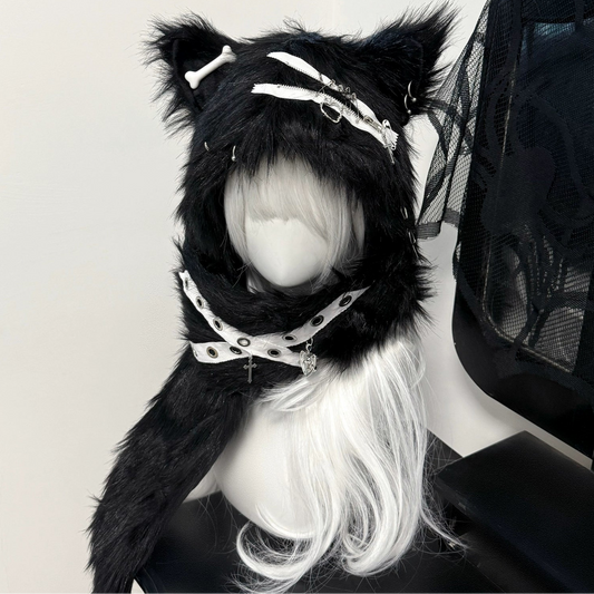 Bony Punk Y2K Black White Fuzzy Cat Ears Hats