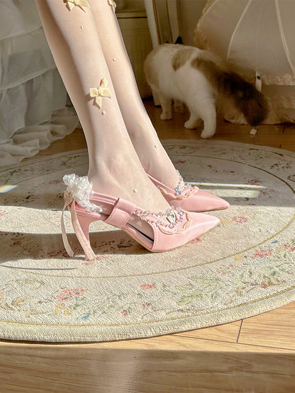 Pink Butterfly Crystal Lace Elegant Chic Pointed Toe High Heels Sandals