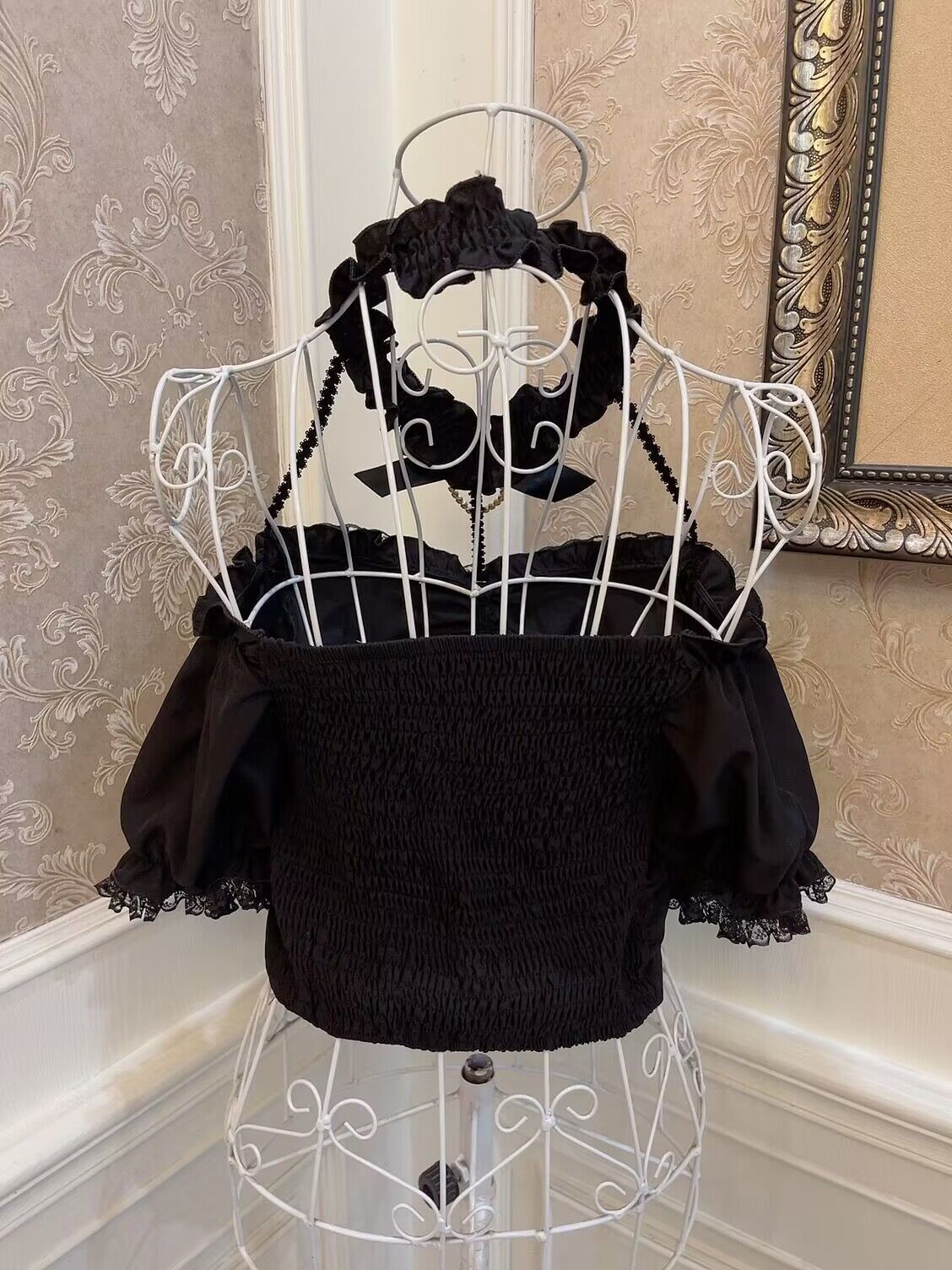 Sweetheart Princess Black & White Brooch Bow Halter Neck Shirt Top