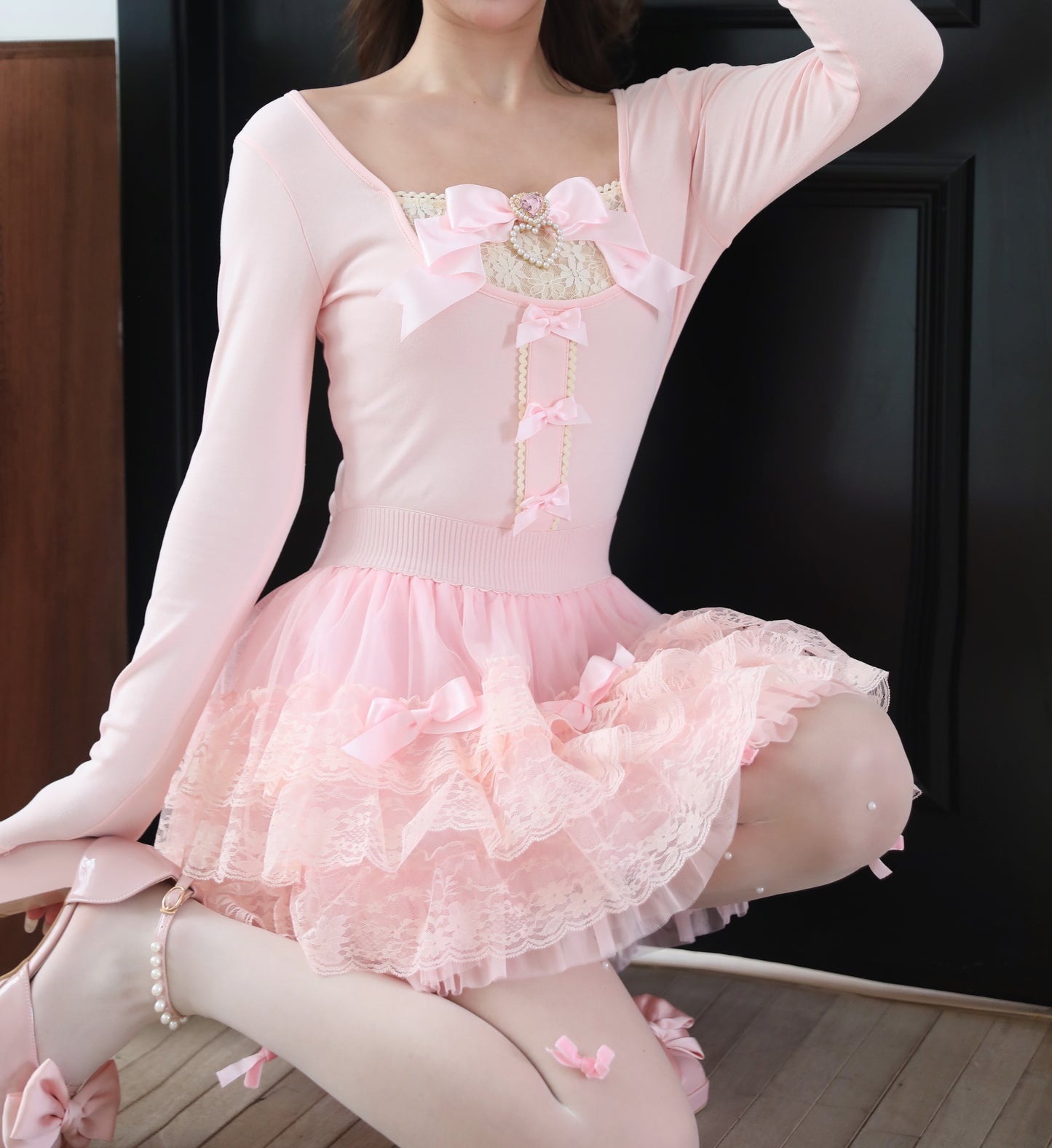 Sweetheart Princess Balletcore Pink Bow Lace Shirt Top & Skirt Two Piece Set