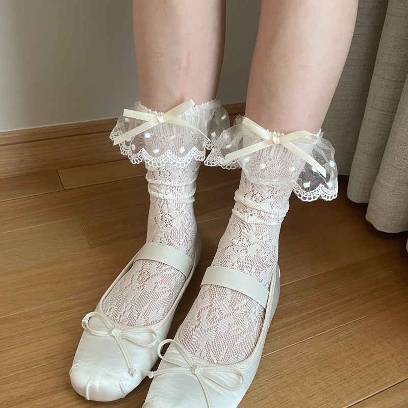 Sweet Lace See Through Lolita White Black Bow Mid Calf Socks