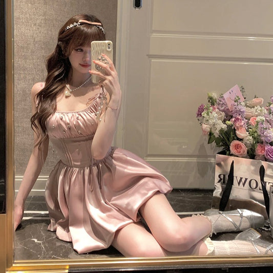 Lazy Girl Antique Doll Pearl Pink Strap Dress